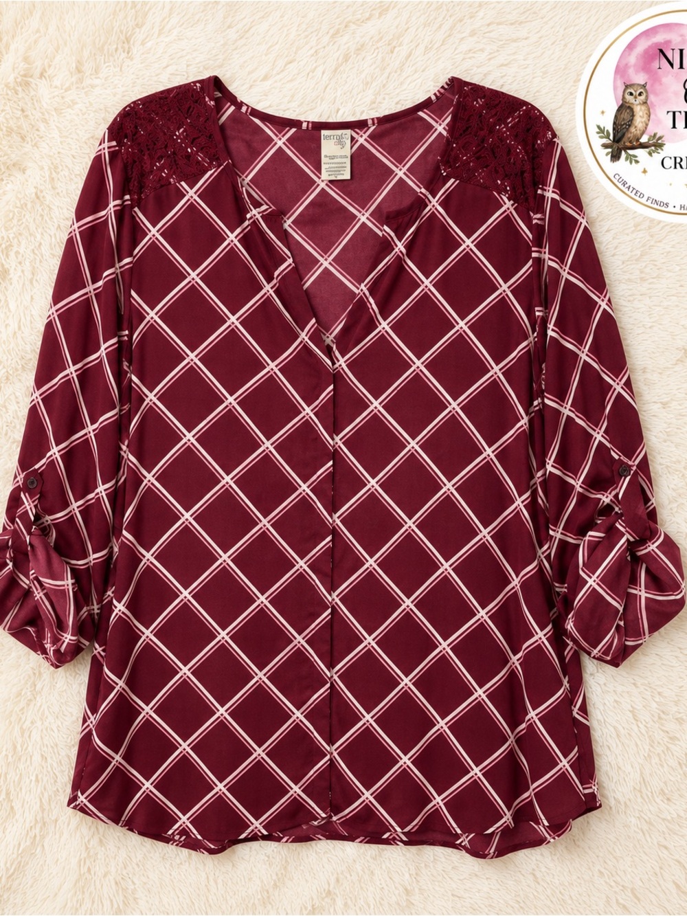 Burgundy Plaid Crochet Lace Shoulder Blouse 2X ~ V-Neck Top ~ Roll Tab Sleeves